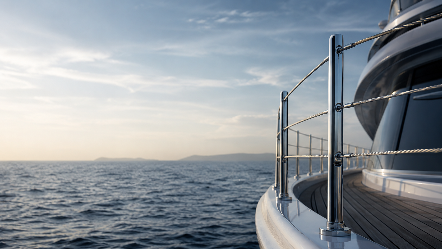 Stainless steel marine railing on luxury yacht at sea