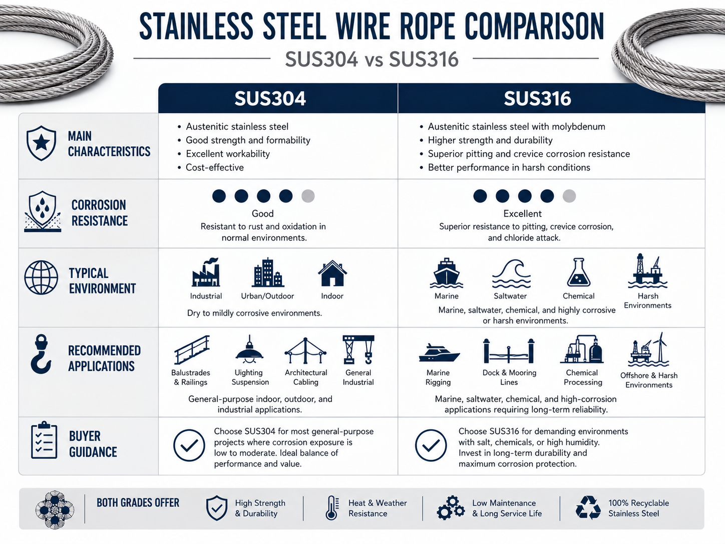 SUS304 and SUS316 stainless steel wire rope material comparison