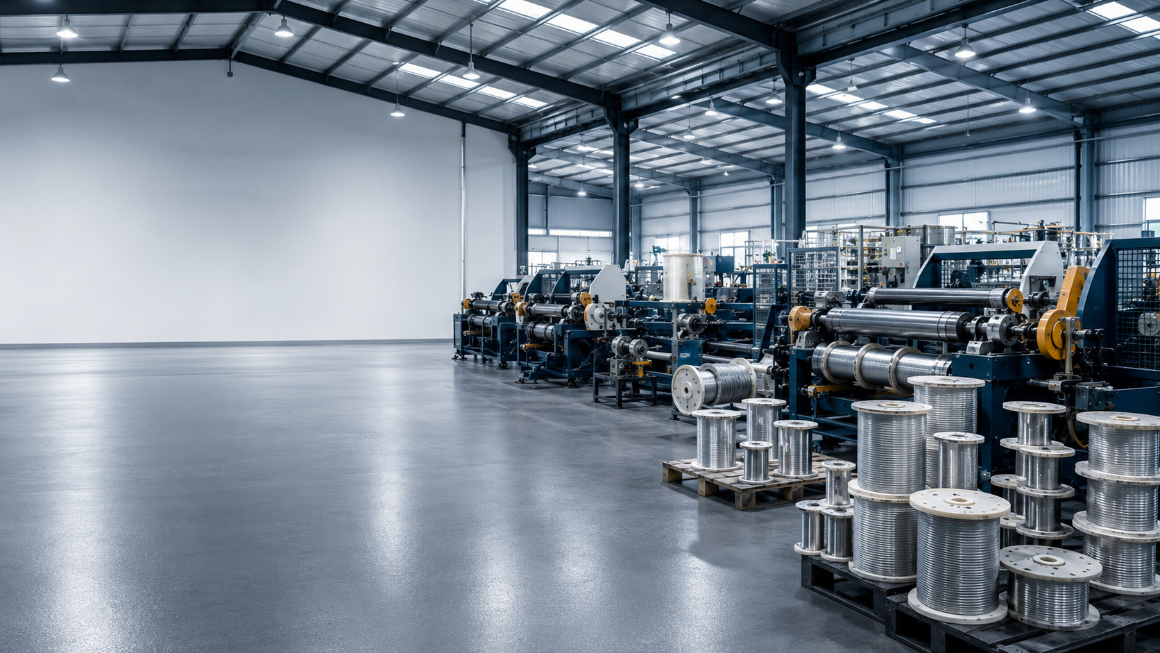 Stainless wire rope production facility with finished spools