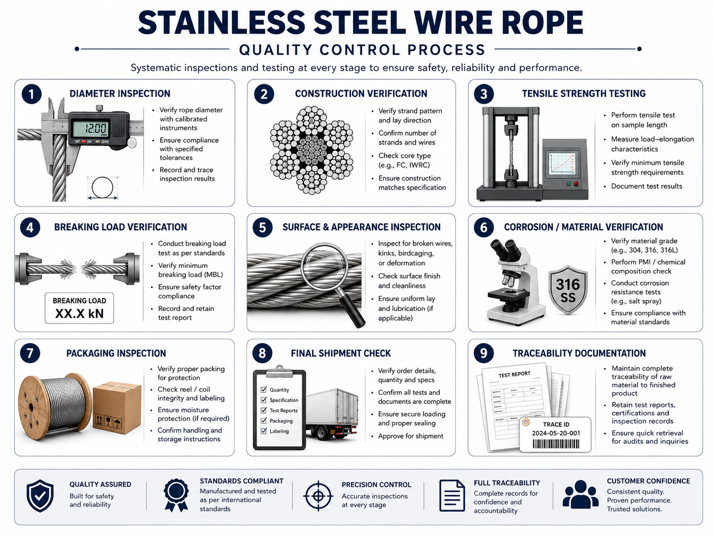Stainless steel wire rope quality control process infographic