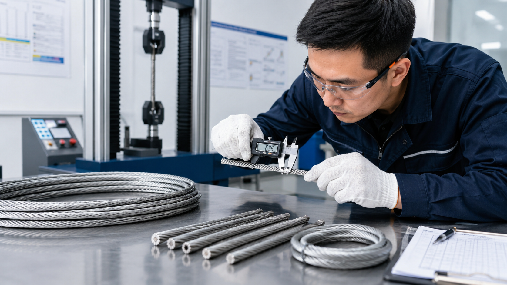 Technician inspecting stainless steel wire rope with measuring equipment